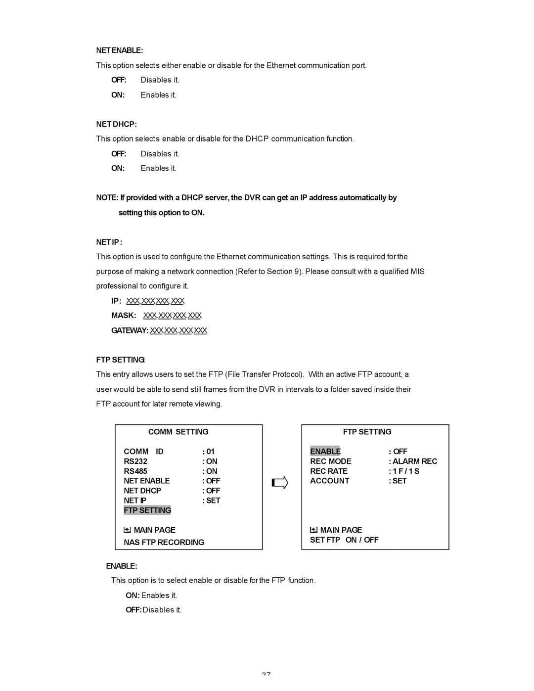 Maxtor SLD240 operation manual Netenable, Comm Setting FTP Setting Comm ID Enable, REC Mode Alarm REC 