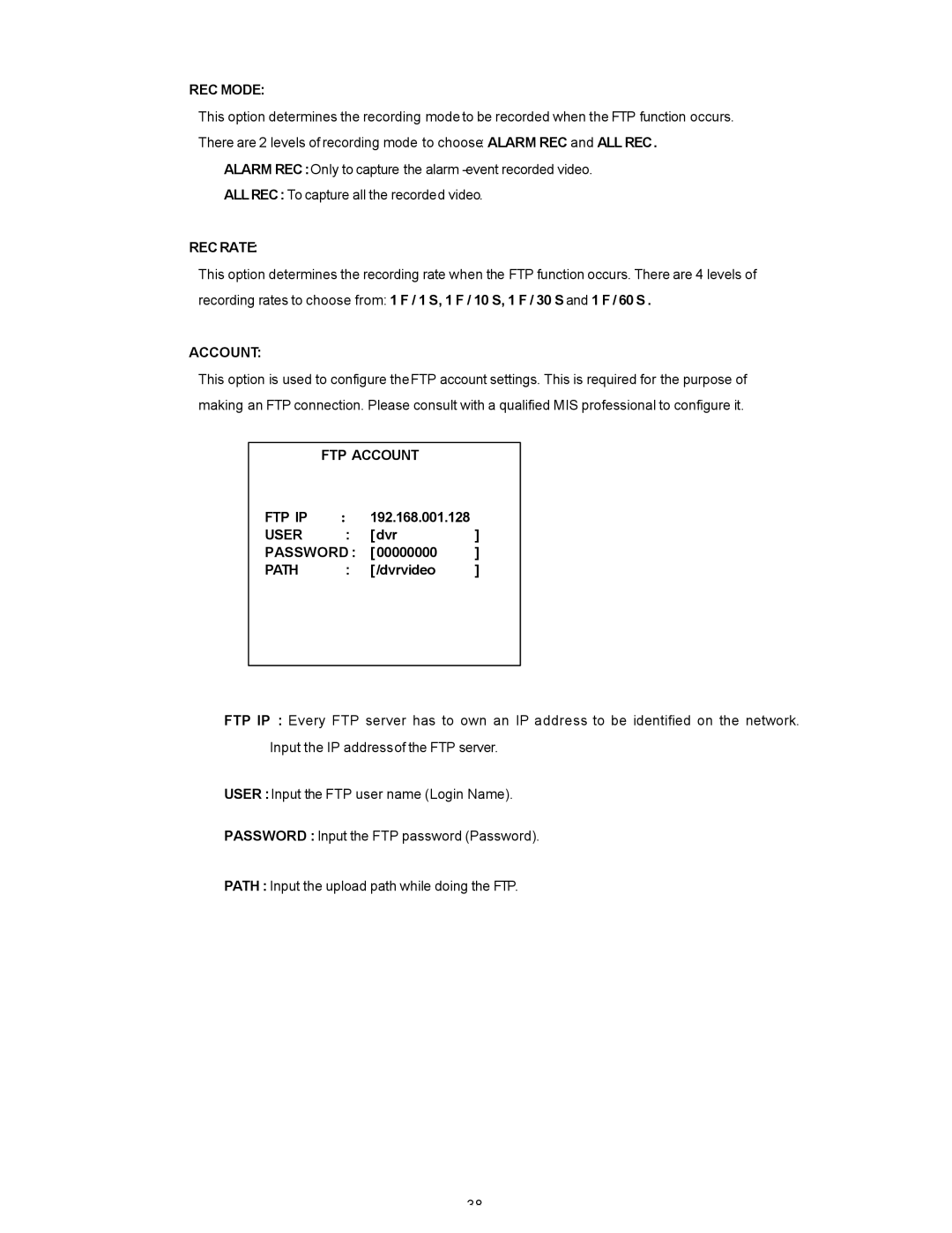 Maxtor SLD240 operation manual REC Mode, FTP Account FTP IP, User, Path 