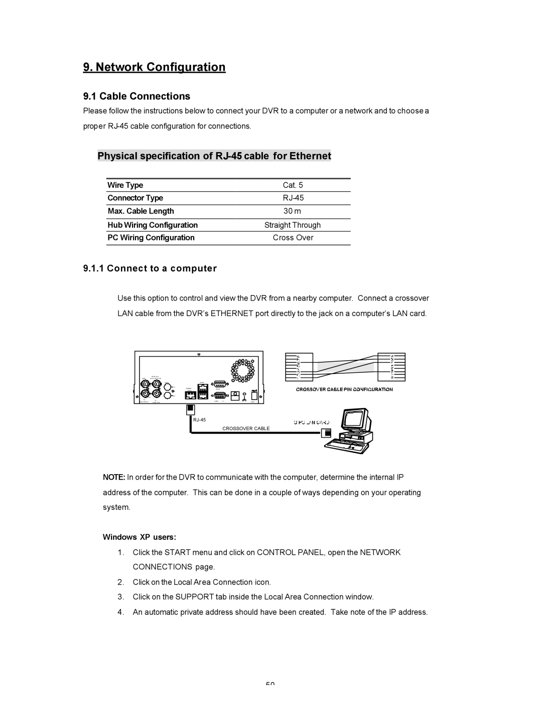 Maxtor SLD240 operation manual Network Configuration, Cable Connections, Physical specification of RJ-45 cable for Ethernet 