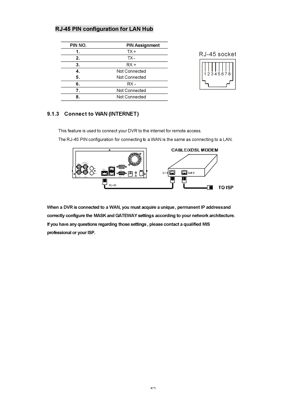 Maxtor SLD240 operation manual RJ-45 PIN configuration for LAN Hub, Connect to WAN Internet, PIN no 