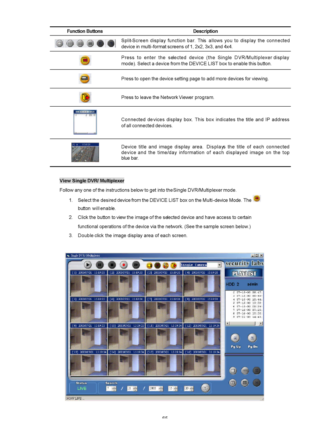 Maxtor SLD240 operation manual Function Buttons Description, View Single DVR/ Multiplexer 