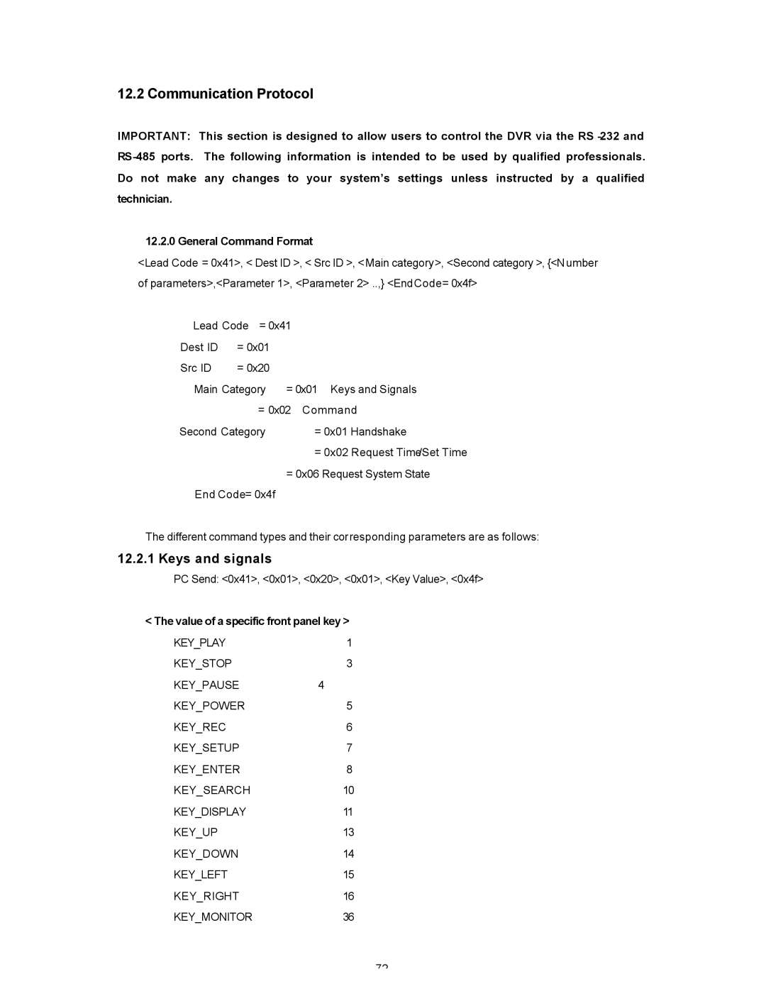 Maxtor SLD240 operation manual Communication Protocol, Keys and signals, Value of a specific front panel key 