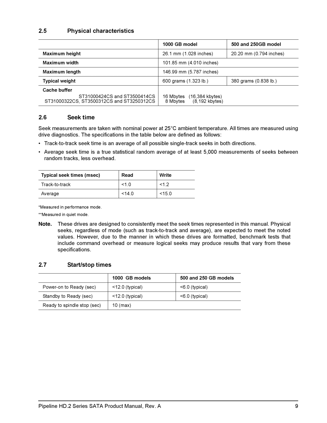 Maxtor ST31000424CS, ST3250312CS, ST3500312CS, ST3500414CS manual Physical characteristics, Seek time, Start/stop times 