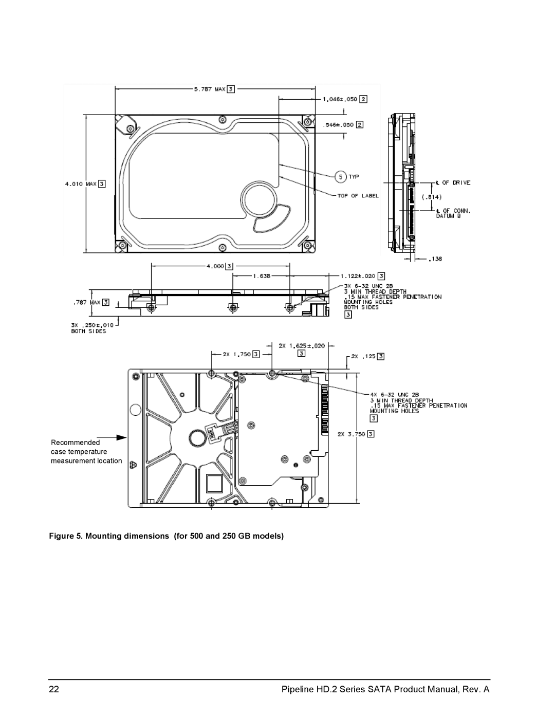 Maxtor ST3500414CS, ST31000424CS, ST3250312CS, ST3500312CS, ST31000322CS manual Mounting dimensions for 500 and 250 GB models 