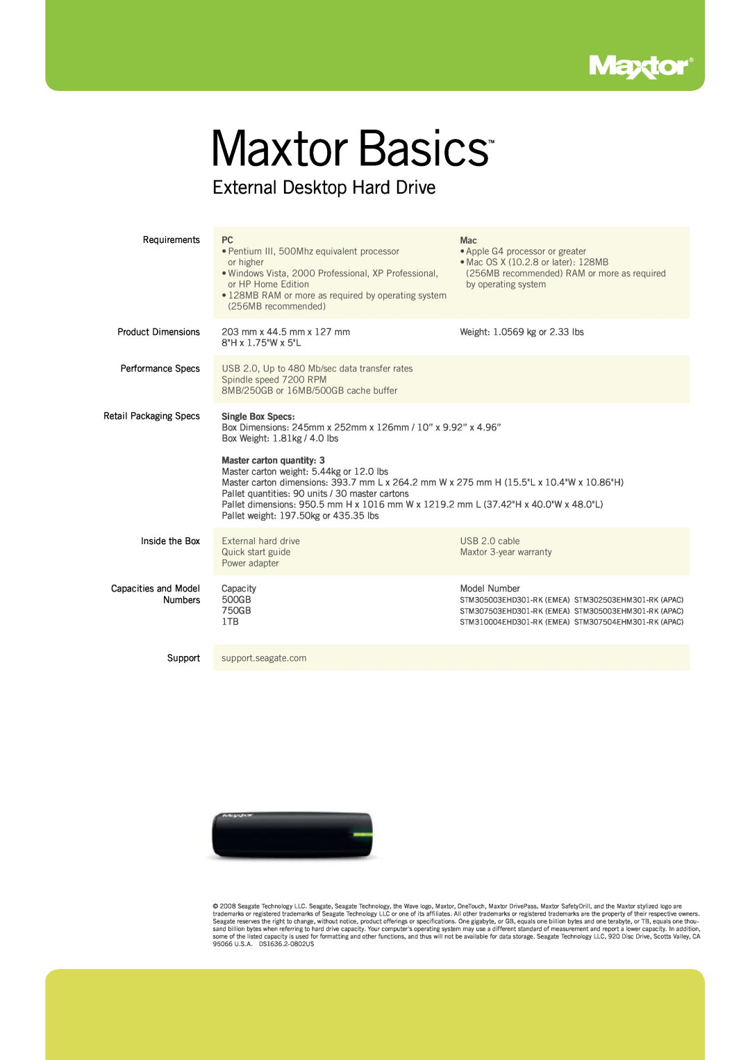 Maxtor STM307504EHM301-RK warranty Maxtor BasicsTM, External Desktop Hard Drive, Single Box Specs, Master carton quantity 