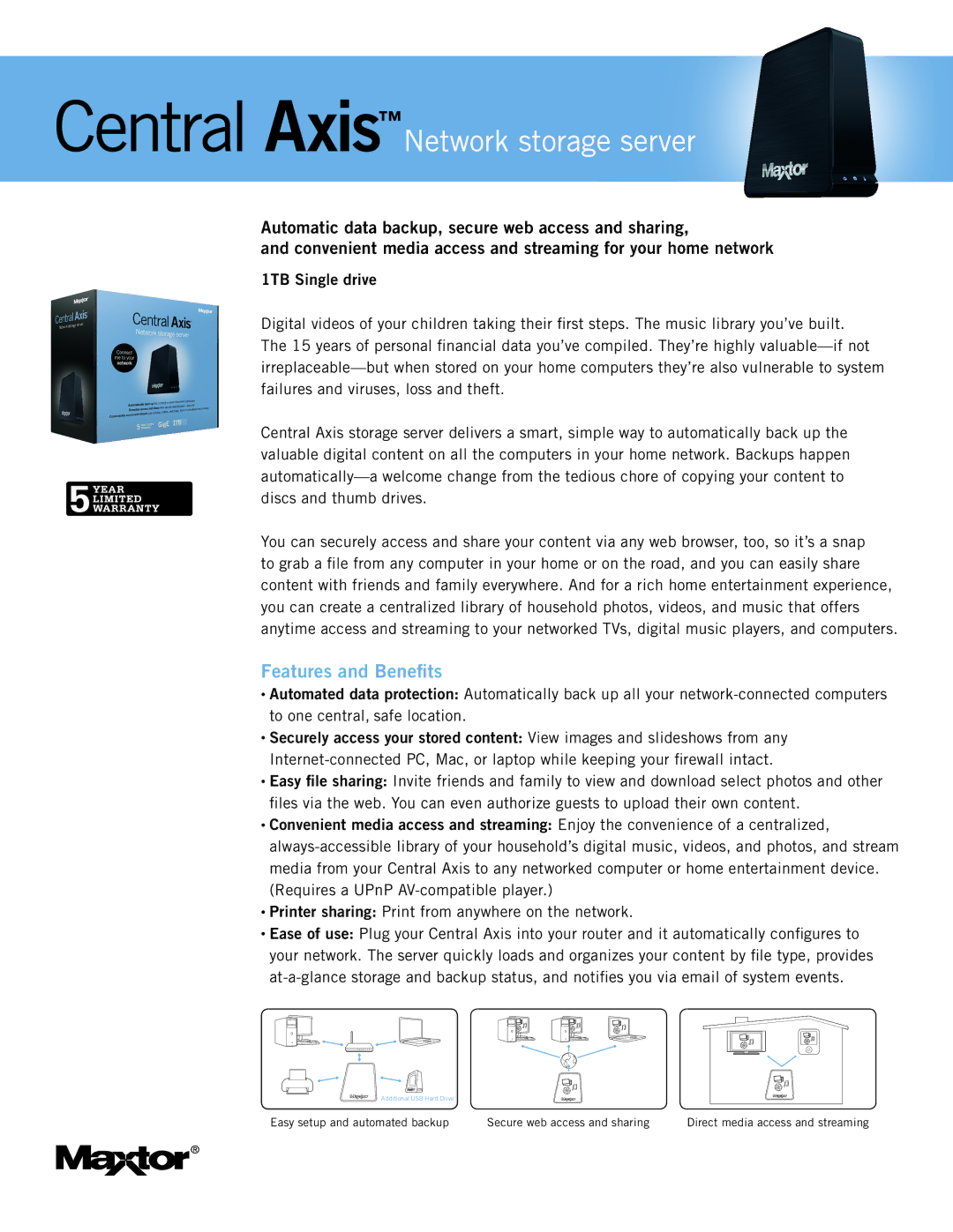 Maxtor STM310005CAA00G-RK manual Central AxisNetwork storage server, Features and Beneﬁts, 1TB Single drive 