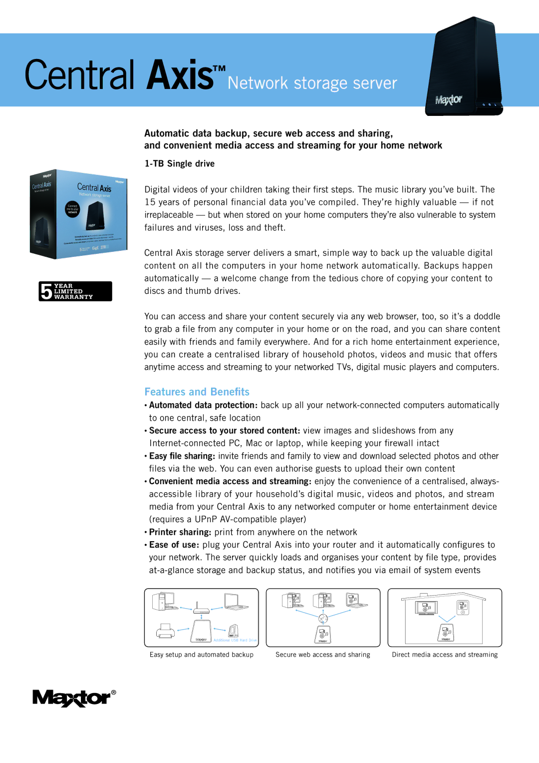 Maxtor STM310005CAD00G-RK manual Central AxisNetwork storage server, Features and Benefits, TB Single drive 