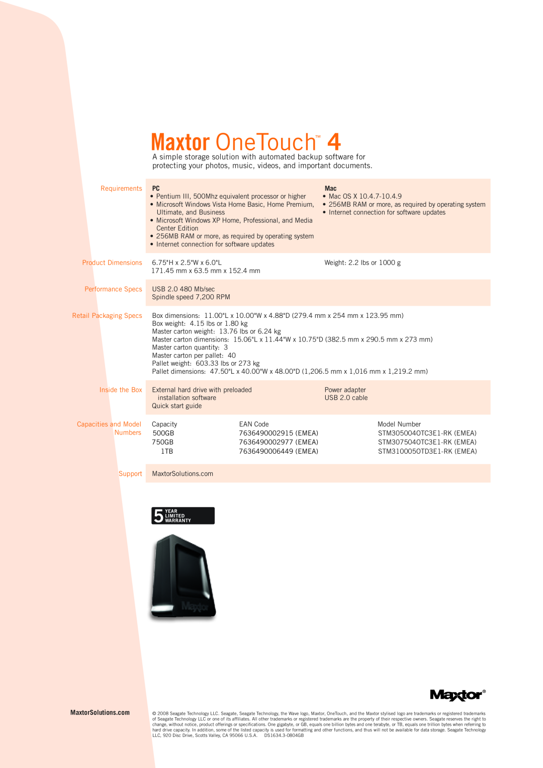 Maxtor STM307504OTC3E1-RK Maxtor OneTouch, Requirements, Product Dimensions, Performance Specs, Inside the Box, Numbers 