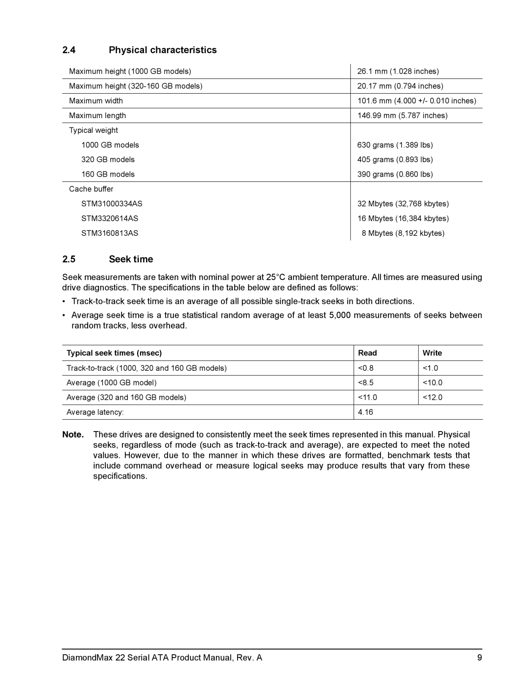 Maxtor STM3160813AS, STM31000334AS, STM3320614AS Physical characteristics, Seek time, Typical seek times msec Read Write 