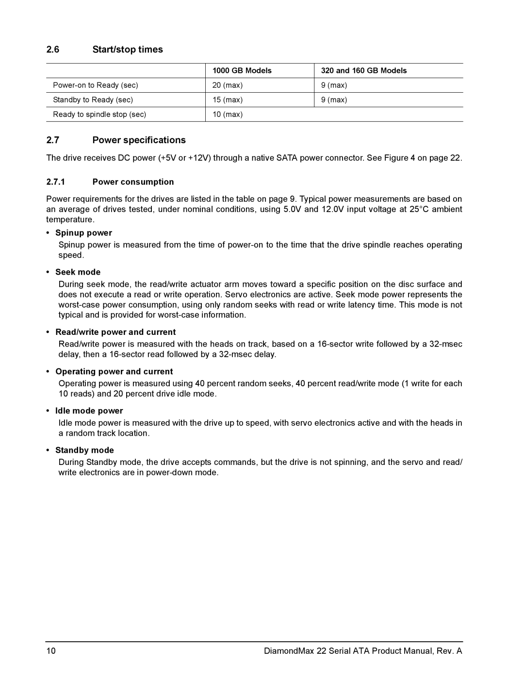 Maxtor STM31000334AS, STM3160813AS, STM3320614AS manual Start/stop times, Power specifications 