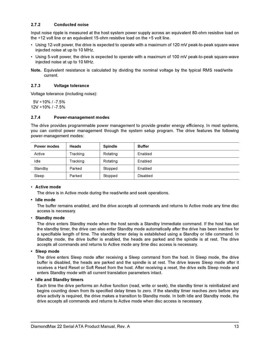 Maxtor STM31000334AS manual Conducted noise, Voltage tolerance, Power-management modes, Active mode, Idle mode, Sleep mode 