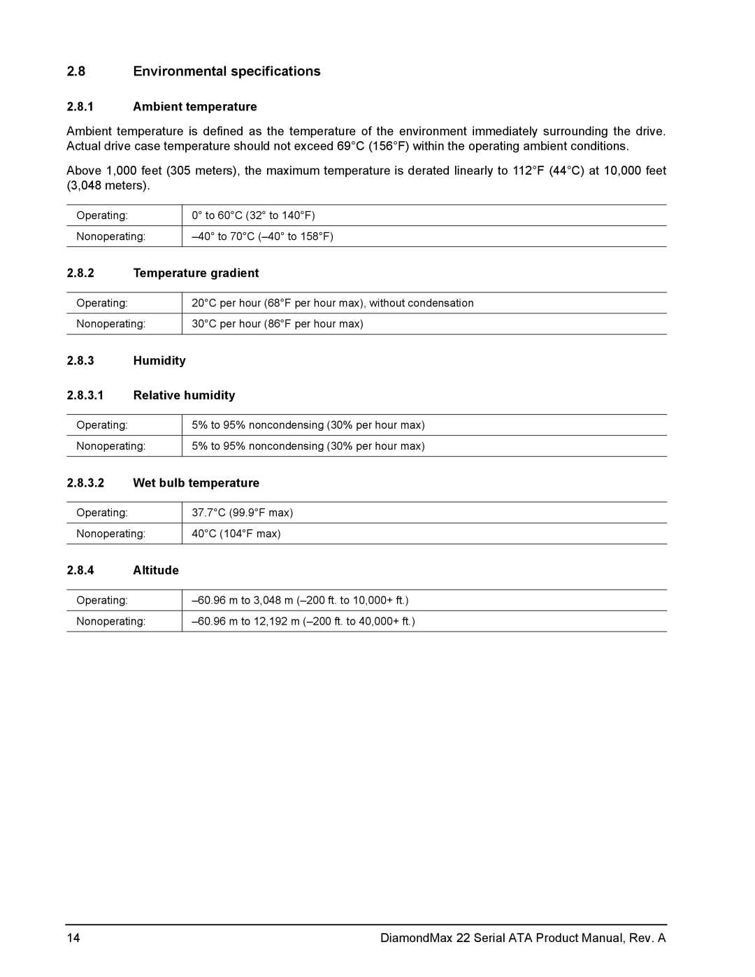 Maxtor STM3320614AS, STM3160813AS, STM31000334AS manual Environmental specifications 