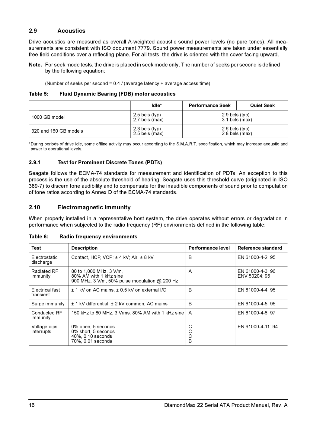 Maxtor STM31000334AS, STM3160813AS manual Acoustics, Electromagnetic immunity, Fluid Dynamic Bearing FDB motor acoustics 