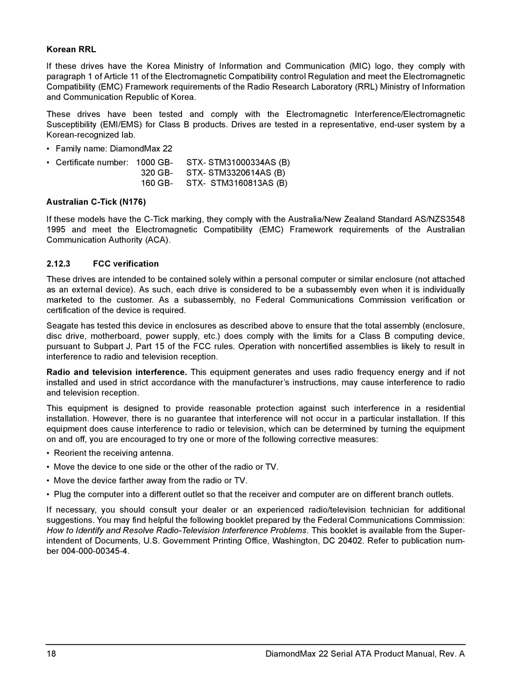 Maxtor STM3160813AS, STM31000334AS, STM3320614AS manual Korean RRL, Australian C-Tick N176, FCC verification 