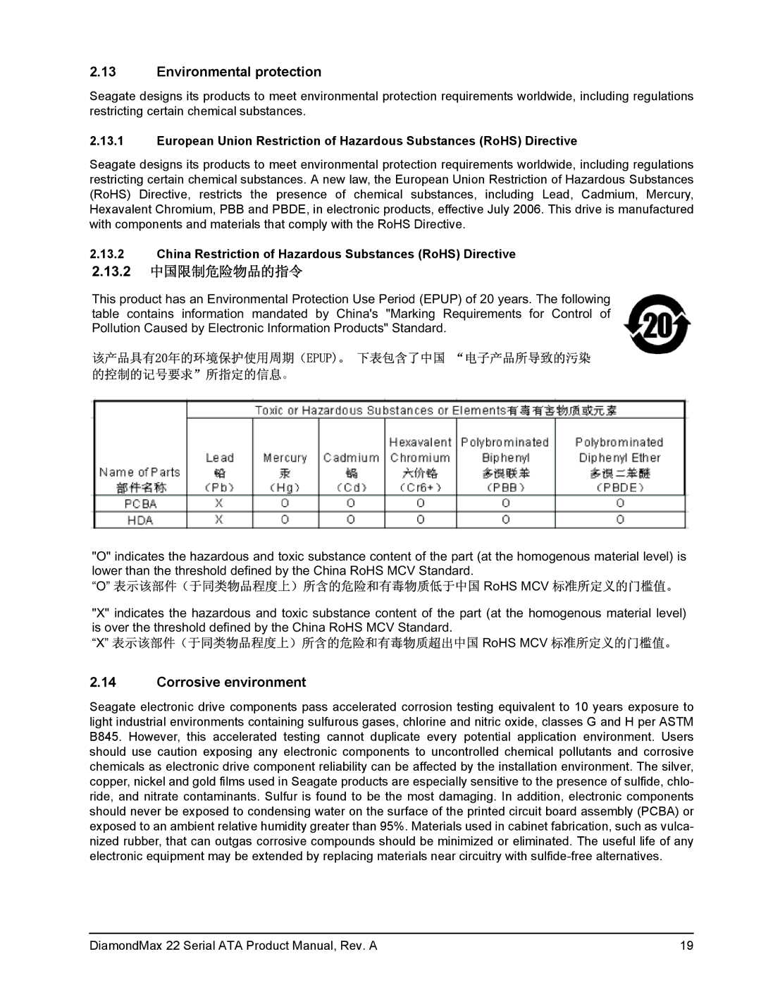 Maxtor STM31000334AS, STM3160813AS, STM3320614AS manual Environmental protection, 13.2, Corrosive environment 