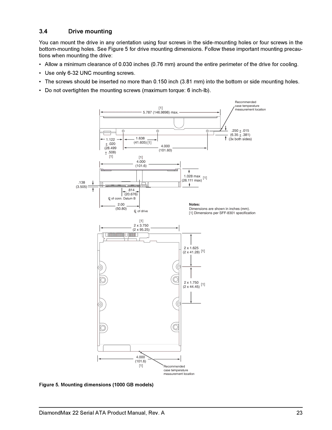 Maxtor STM3320614AS, STM3160813AS, STM31000334AS manual Drive mounting, Mounting dimensions 1000 GB models 