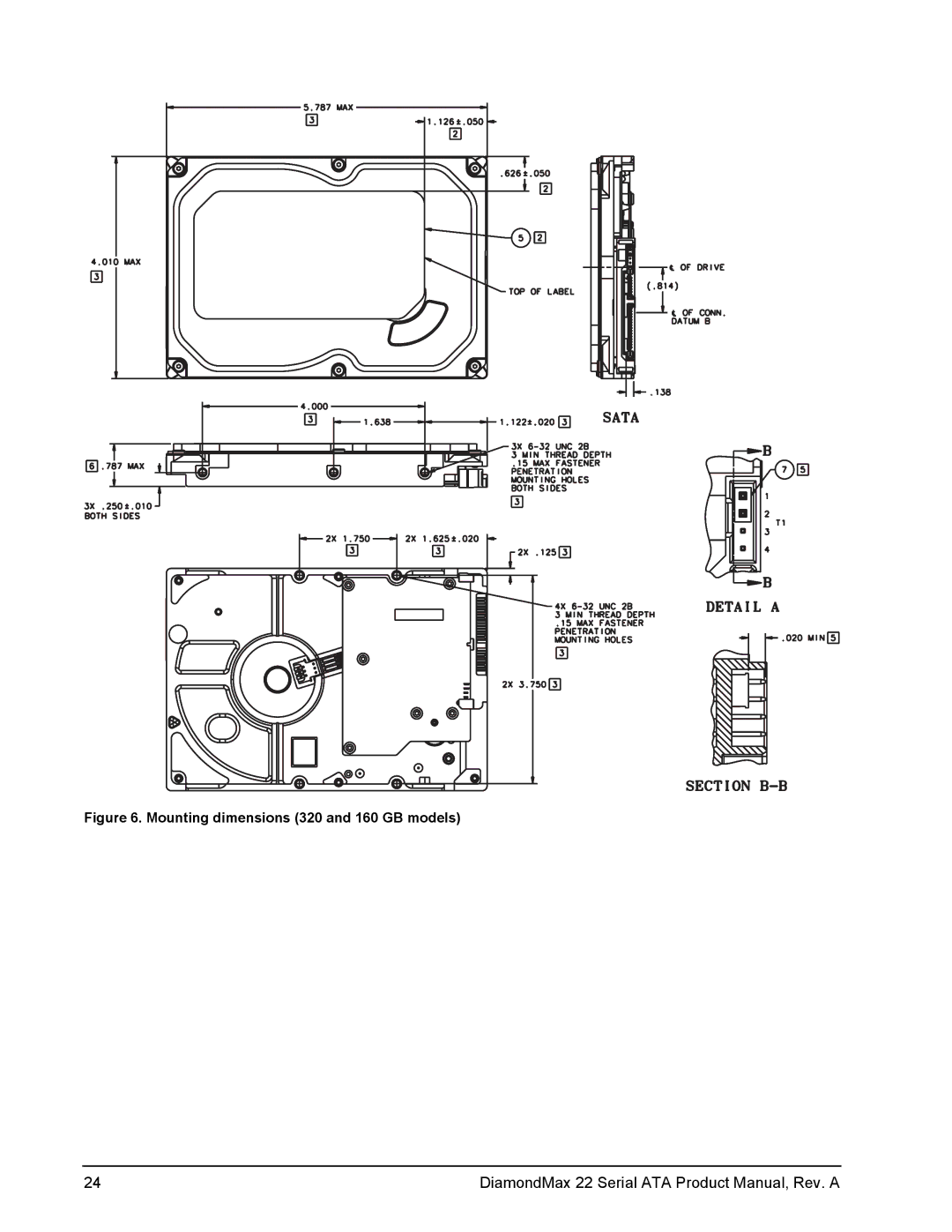 Maxtor STM3160813AS, STM31000334AS, STM3320614AS manual Mounting dimensions 320 and 160 GB models 