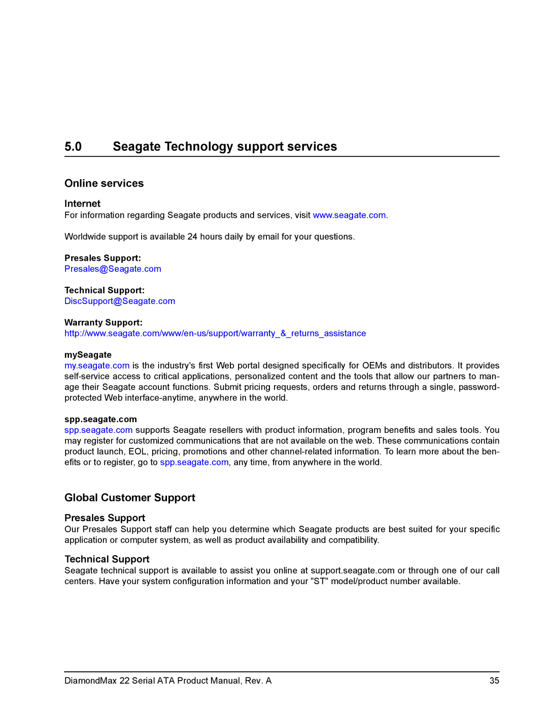 Maxtor STM3320614AS, STM3160813AS manual Seagate Technology support services, Internet, Presales Support, Technical Support 