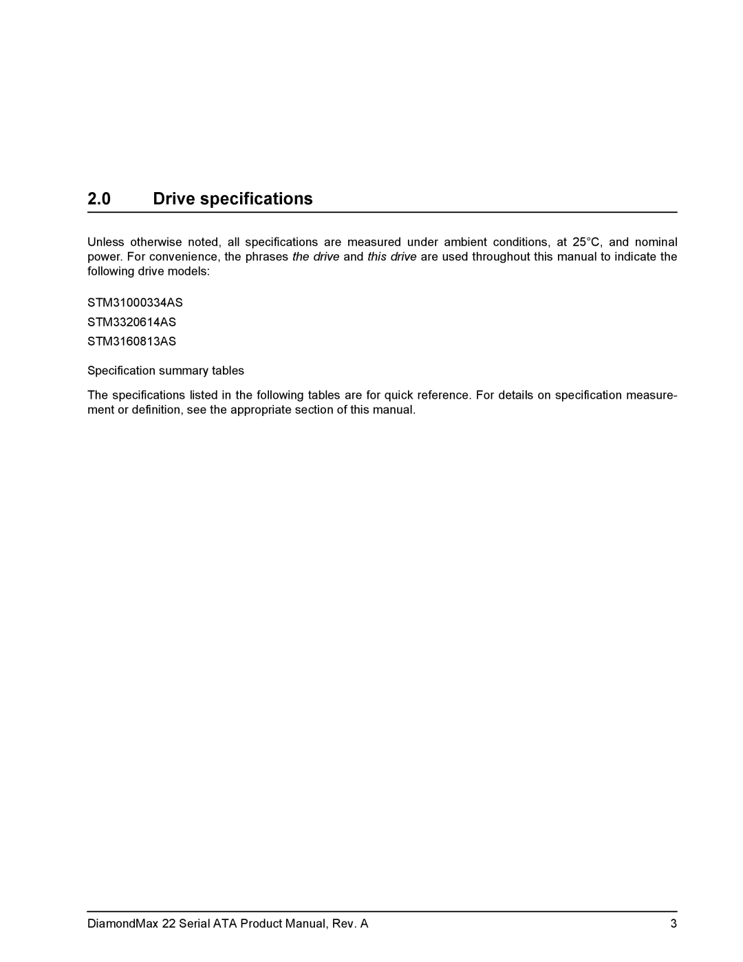 Maxtor STM3160813AS, STM31000334AS, STM3320614AS manual Drive specifications 