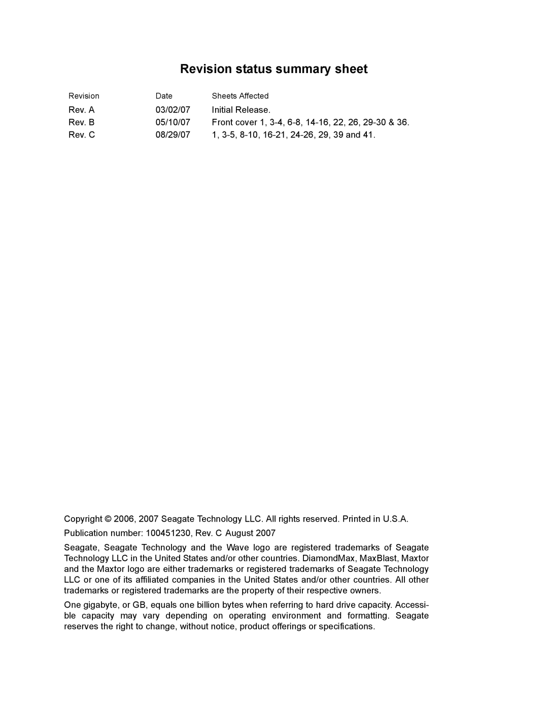 Maxtor STM3250310AS, STM3160815AS, STM3160215AS, STM380215AS, STM340215AS, STM3500630AS manual Revision status summary sheet 