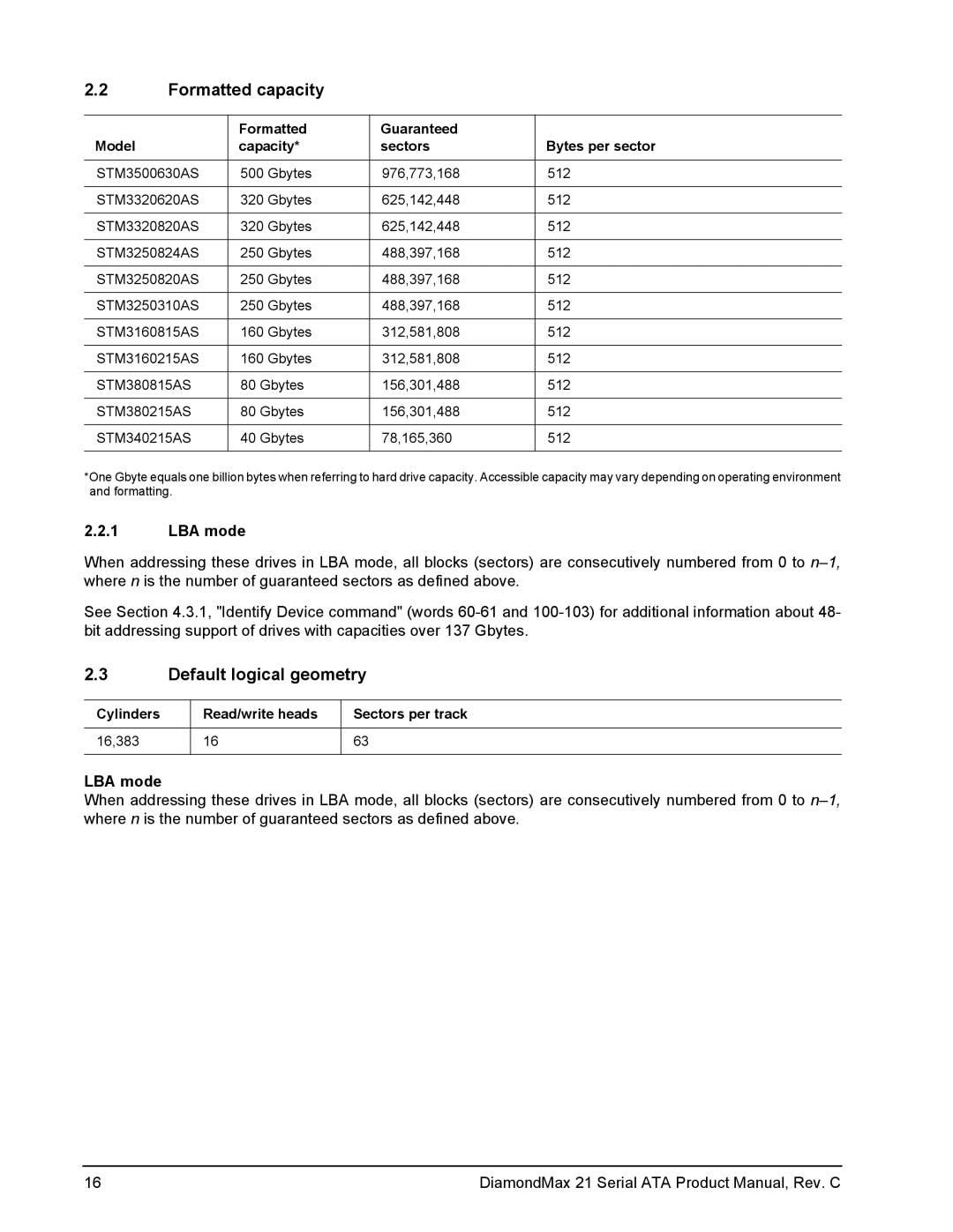 Maxtor STM3160815AS, STM3160215AS, STM3250310AS, STM380215AS manual Formatted capacity, Default logical geometry, LBA mode 