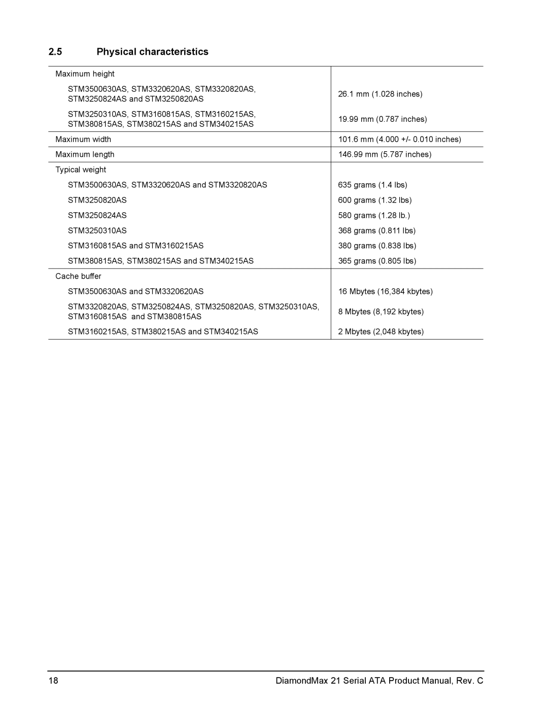 Maxtor STM3250310AS, STM3160815AS, STM3160215AS, STM380215AS, STM340215AS, STM3500630AS, STM3320820AS Physical characteristics 