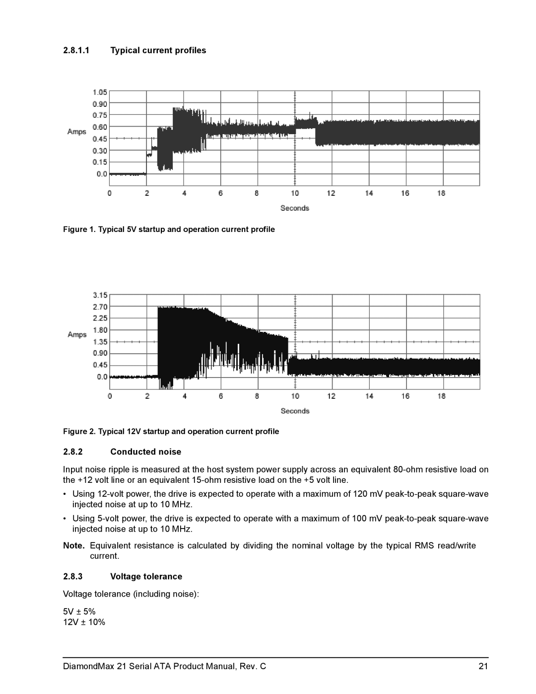 Maxtor STM3500630AS, STM3160815AS, STM3160215AS, STM3250310AS Typical current profiles, Conducted noise, Voltage tolerance 