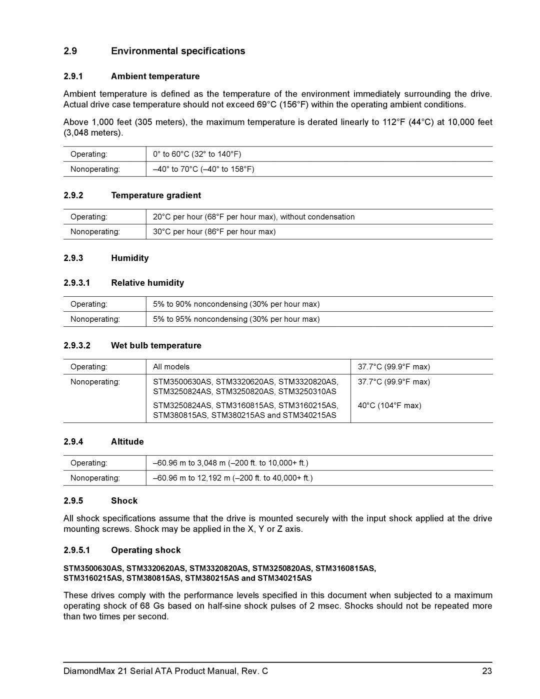 Maxtor STM3250820AS, STM3160815AS, STM3160215AS, STM3250310AS, STM380215AS, STM340215AS manual Environmental specifications 