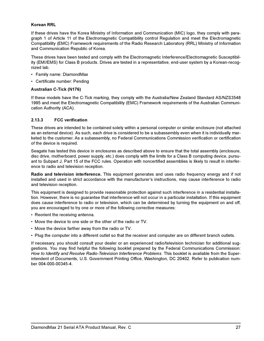 Maxtor STM3160815AS, STM3160215AS, STM3250310AS, STM380215AS manual Korean RRL, Australian C-Tick N176, FCC verification 