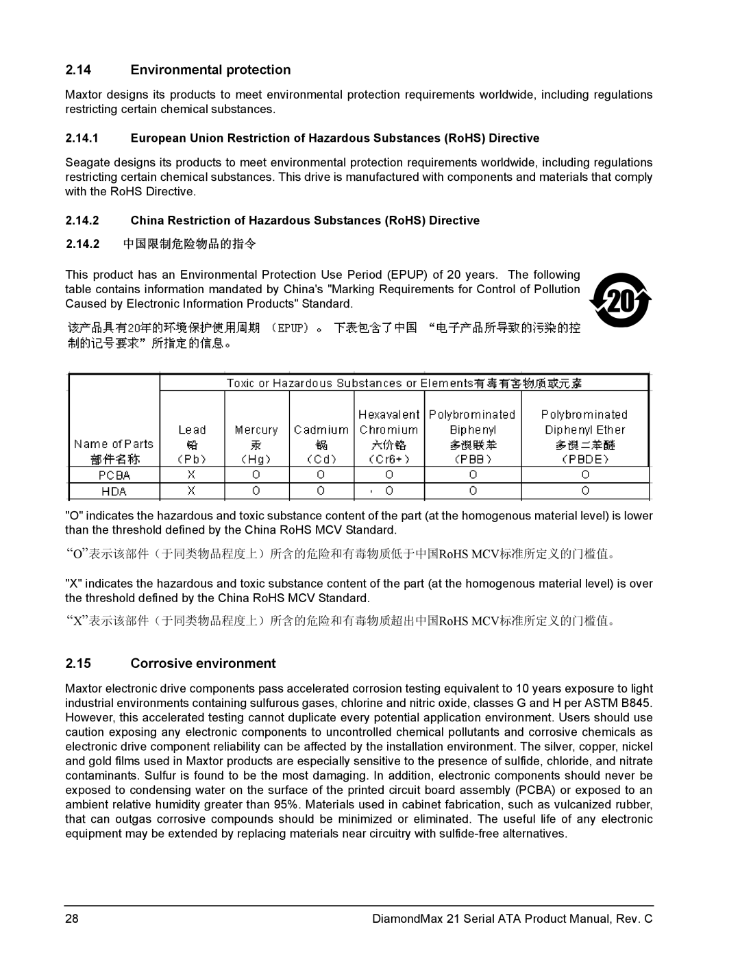 Maxtor STM3160215AS, STM3160815AS, STM3250310AS, STM380215AS, STM340215AS Environmental protection, Corrosive environment 