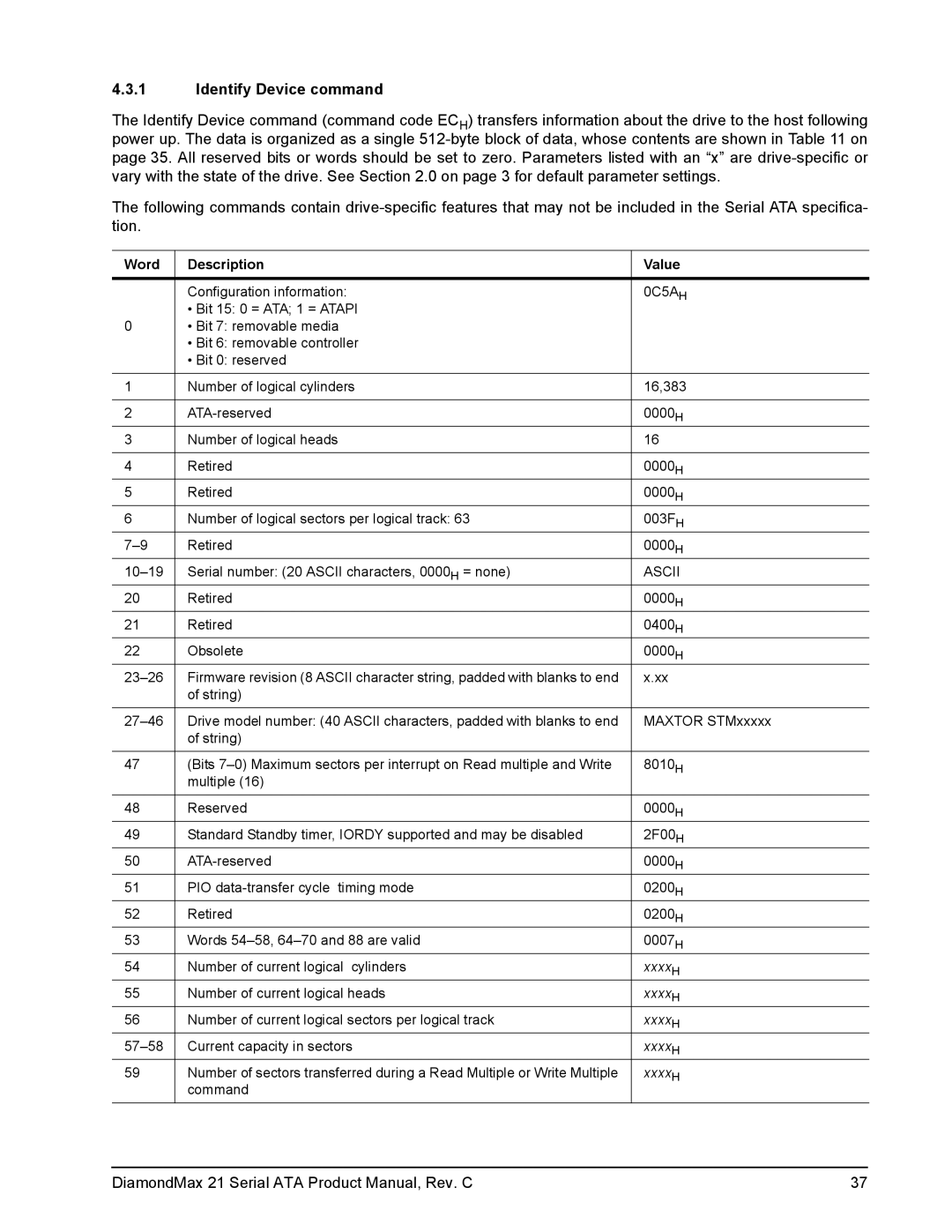 Maxtor STM380815AS, STM3160815AS, STM3160215AS, STM3250310AS, STM380215AS Identify Device command, Word Description Value 