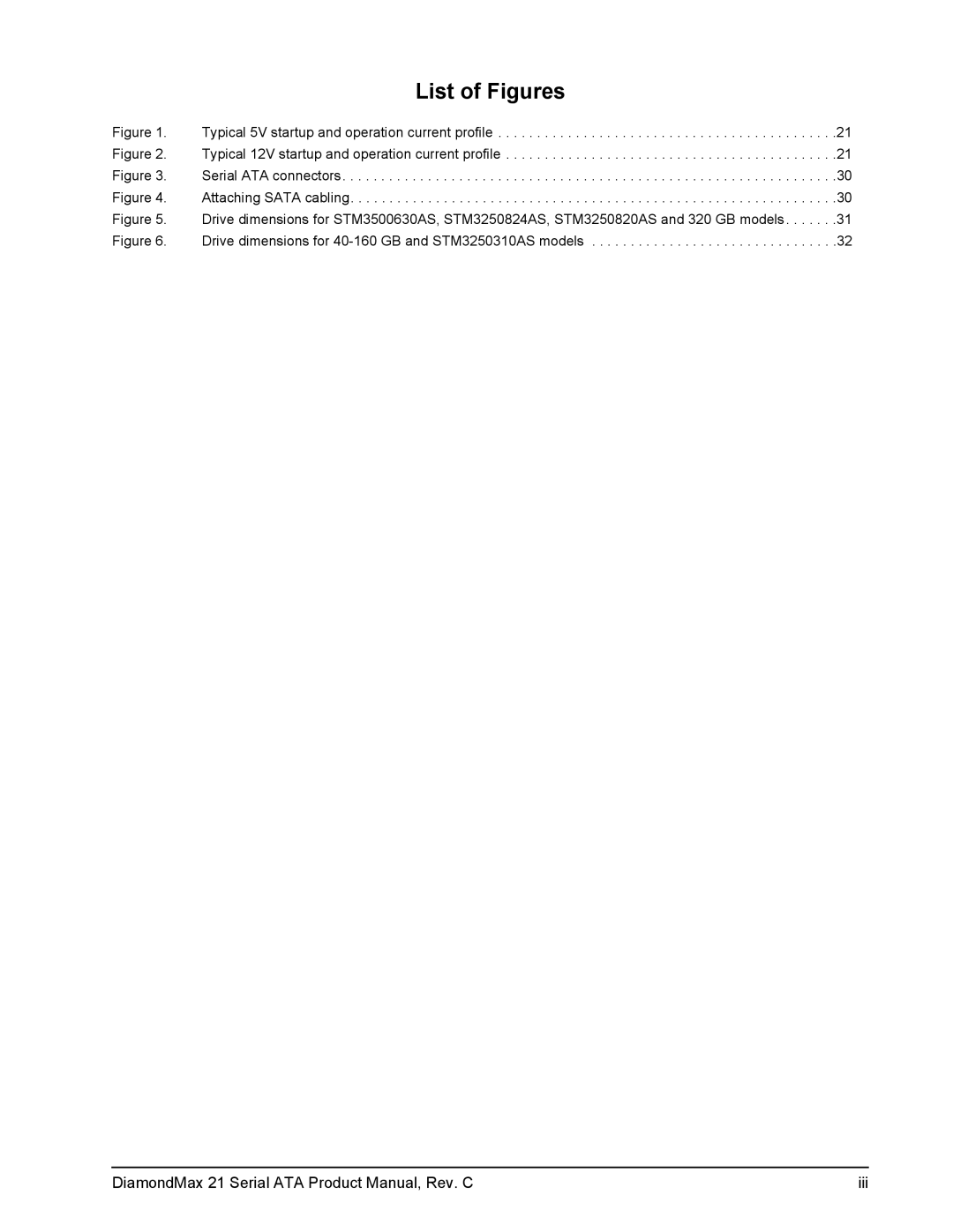 Maxtor STM3500630AS, STM3160815AS, STM3160215AS manual List of Figures, Typical 5V startup and operation current profile 