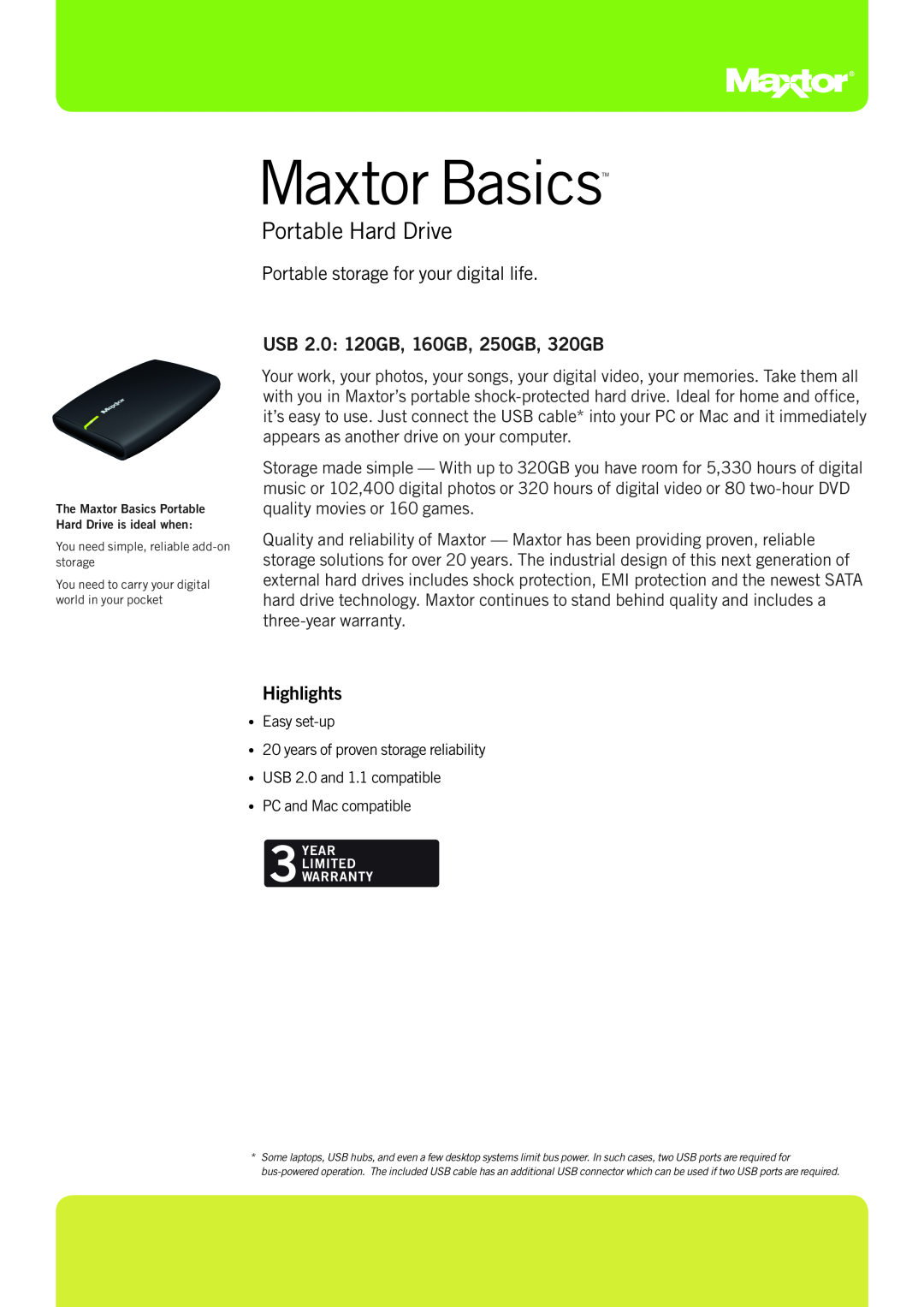 Maxtor STM901601EHM301-RK warranty Maxtor BasicsTM, Portable Hard Drive, Portable storage for your digital life 