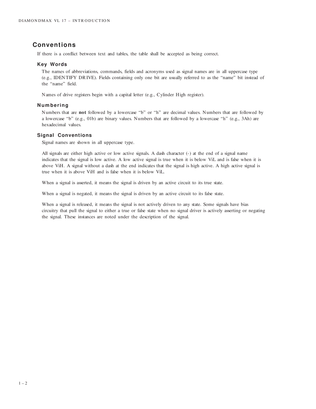 Maxtor VL 17 manual Key Words, Numbering, Signal Conventions 