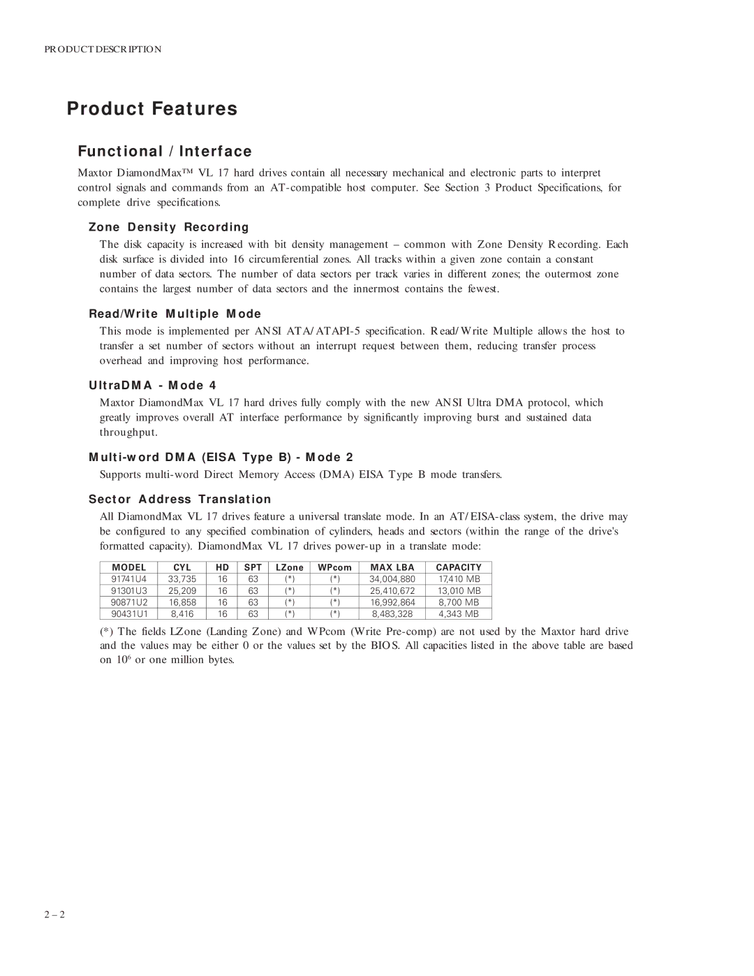 Maxtor VL 17 manual Product Features, Functional / Interface 