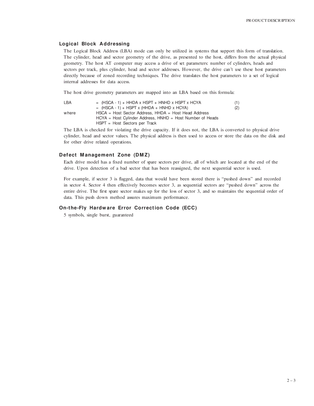 Maxtor VL 17 manual Logical Block Addressing, Defect Management Zone DMZ, On-the-Fly Hardware Error Correction Code ECC 