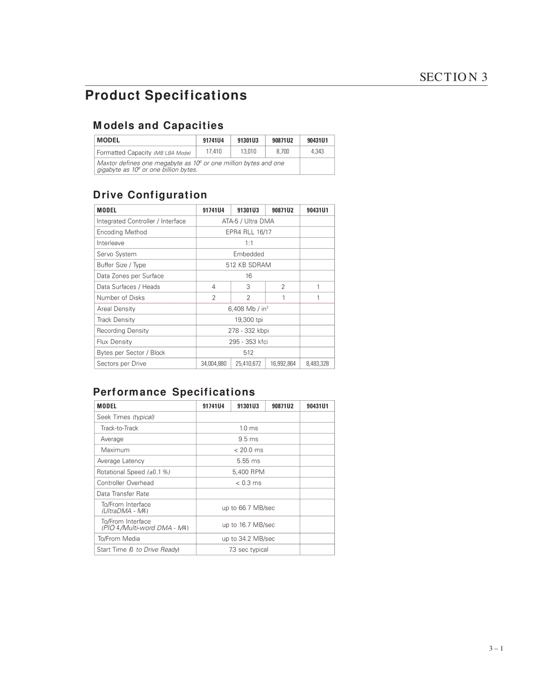 Maxtor VL 17 manual Product Specifications, Models and Capacities, Drive Configuration, Performance Specifications 