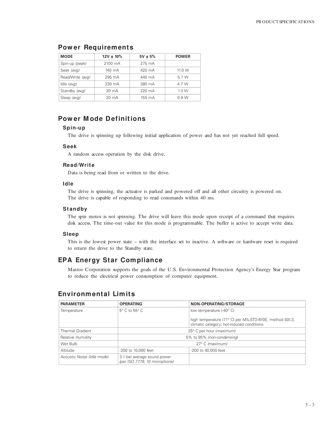 Maxtor VL 17 manual Power Requirements, Power Mode Definitions, EPA Energy Star Compliance, Environmental Limits 