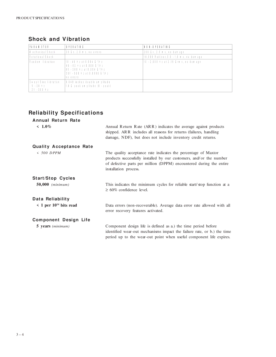 Maxtor VL 17 manual Shock and Vibration, Reliability Specifications 