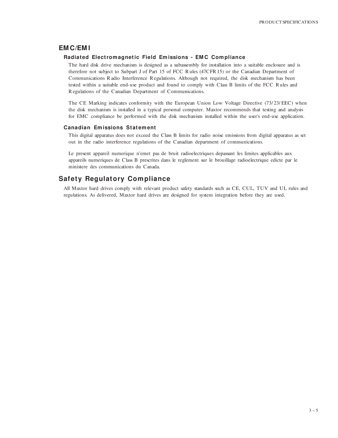 Maxtor VL 17 manual Safety Regulatory Compliance, Radiated Electromagnetic Field Emissions EMC Compliance 