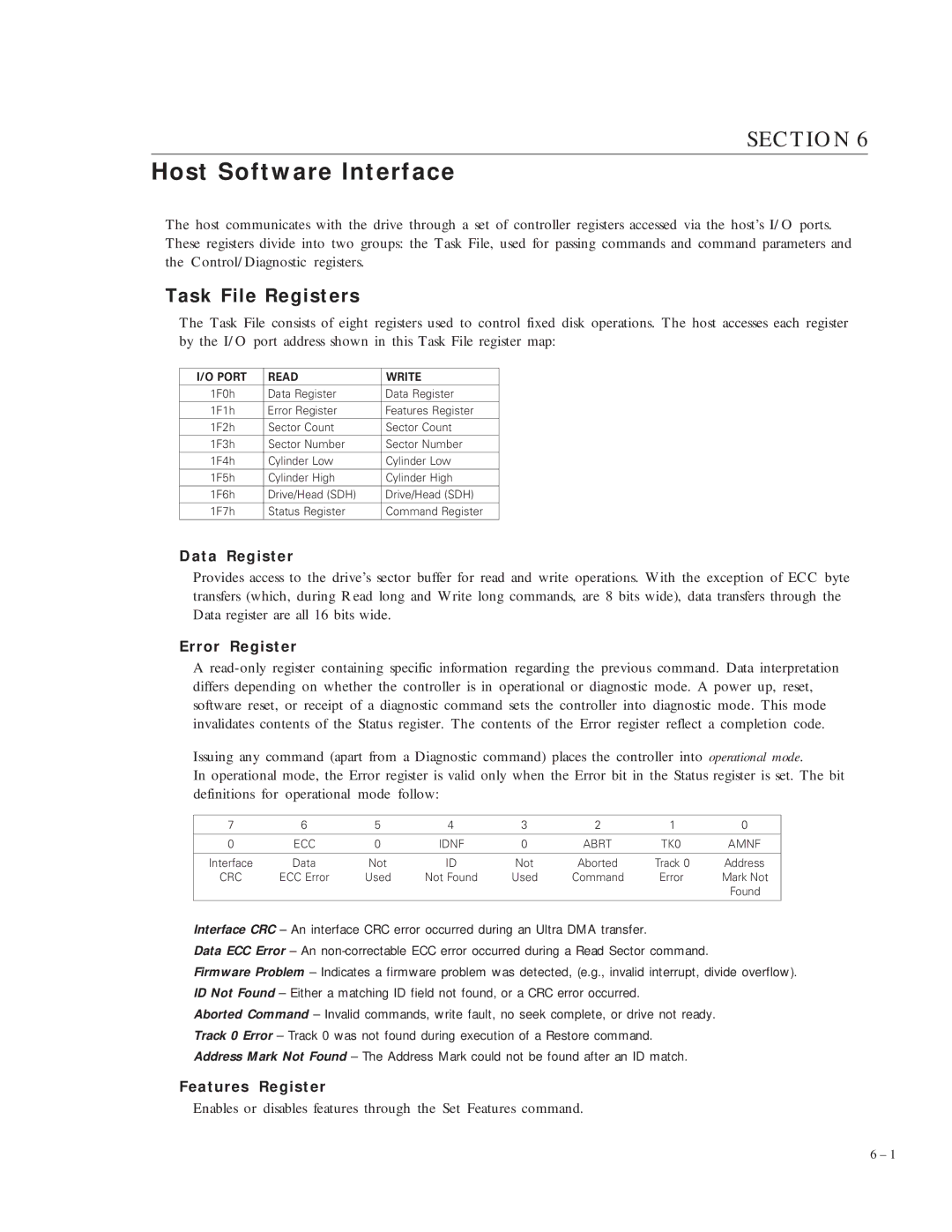 Maxtor VL 17 manual Host Software Interface, Task File Registers, Data Register, Error Register, Features Register 