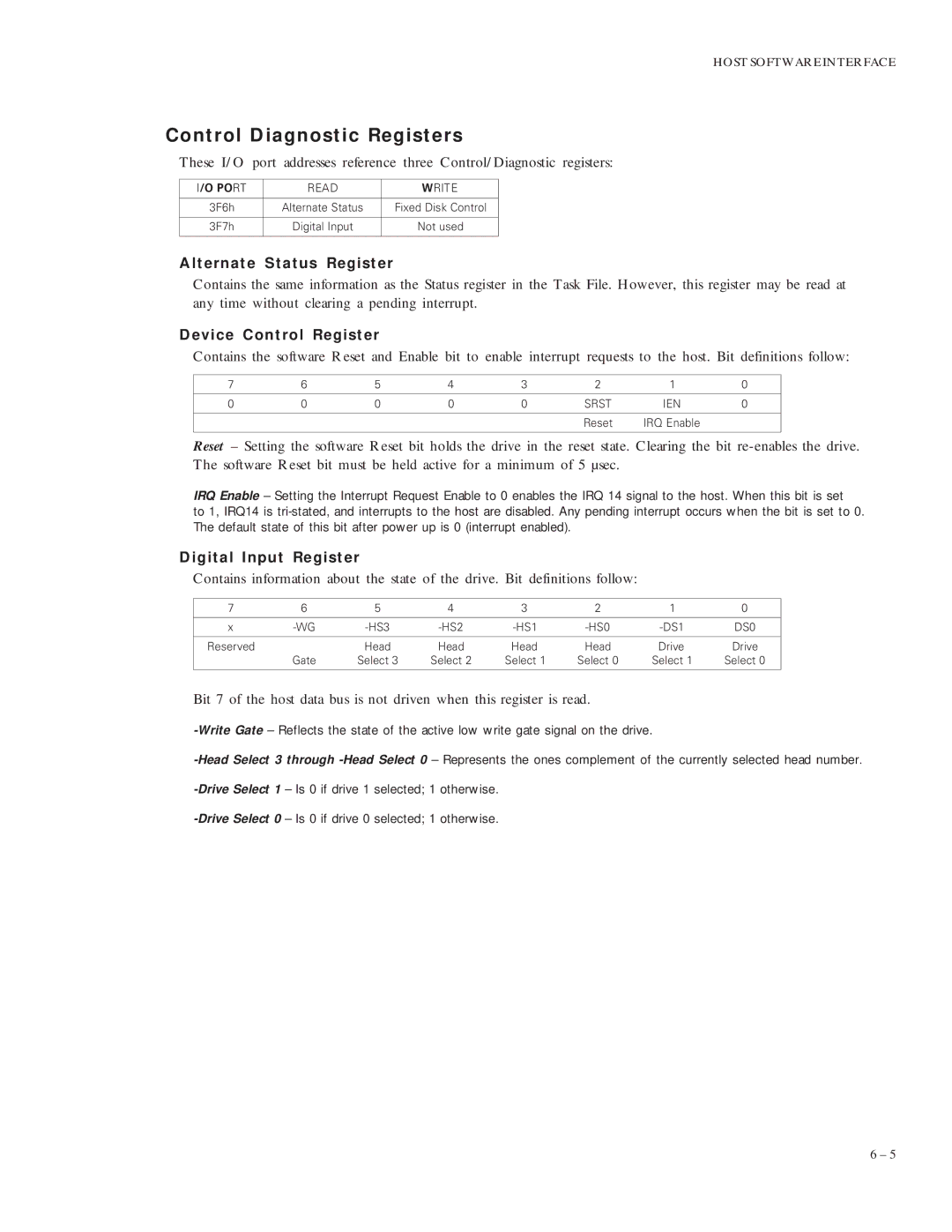 Maxtor VL 17 Control Diagnostic Registers, Alternate Status Register, Device Control Register, Digital Input Register 