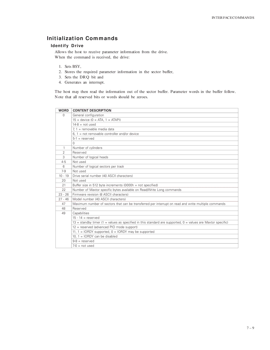 Maxtor VL 17 manual Initialization Commands, Identify Drive, Word Content Description 