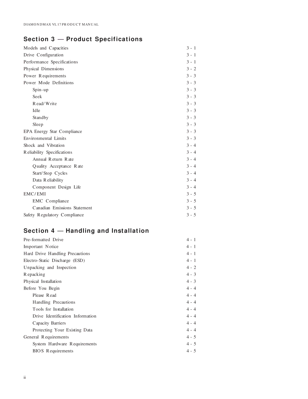 Maxtor VL 17 manual Product Specifications, Handling and Installation 