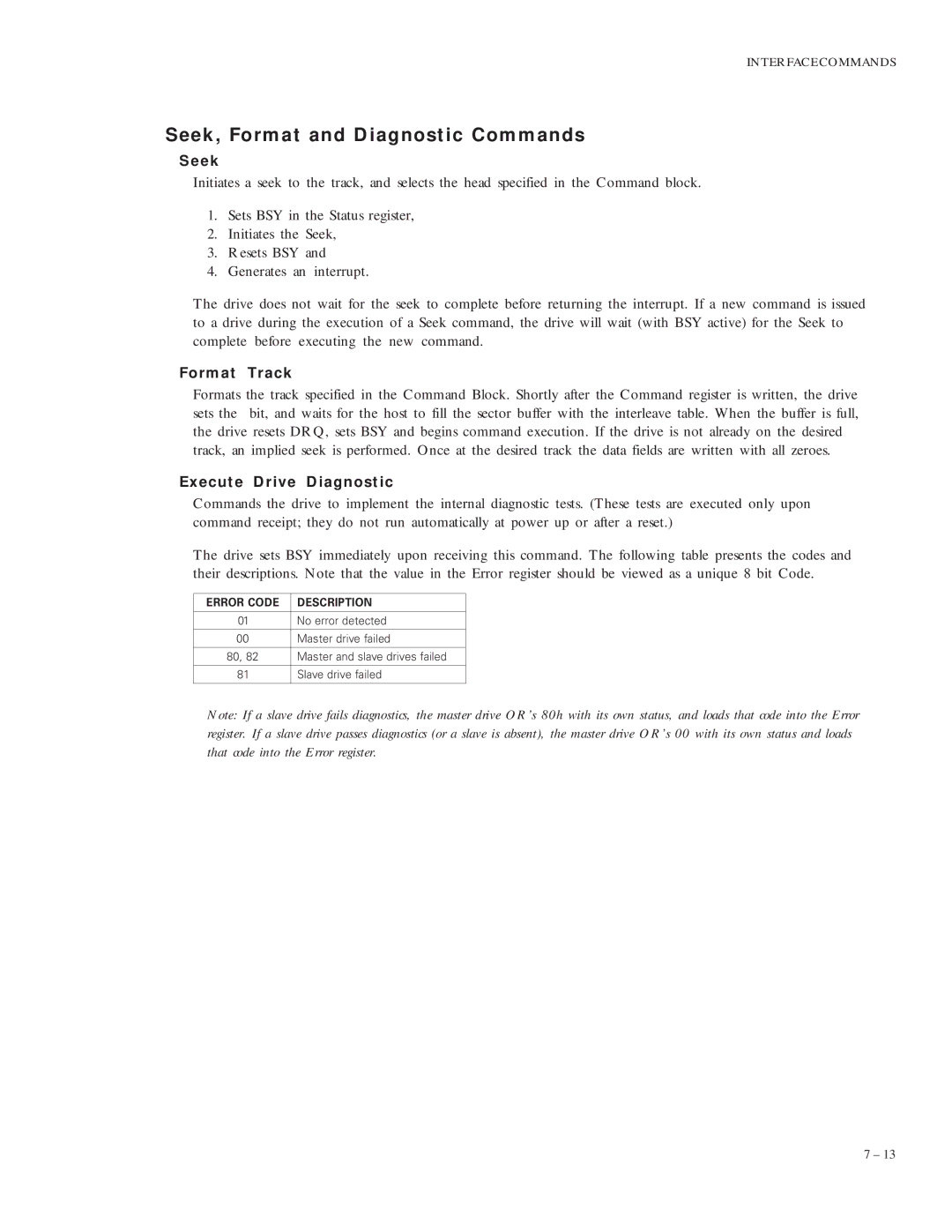 Maxtor VL 17 manual Seek, Format and Diagnostic Commands, Format Track, Execute Drive Diagnostic, Error Code Description 