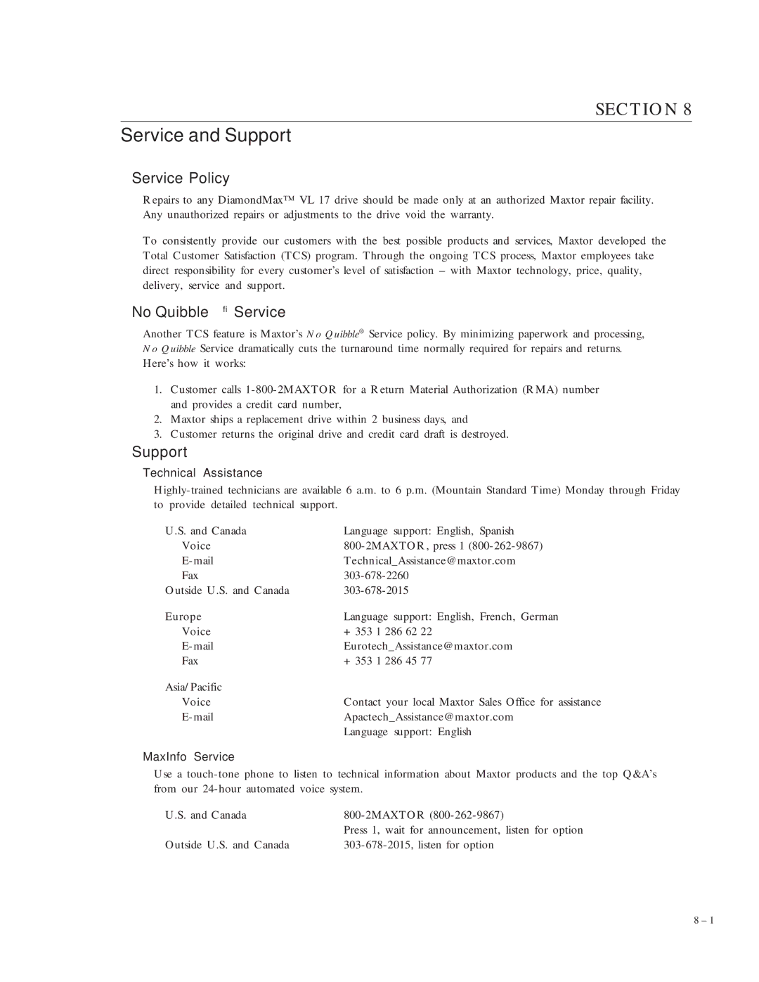 Maxtor VL 17 manual Service and Support, Service Policy, No Quibble Service 