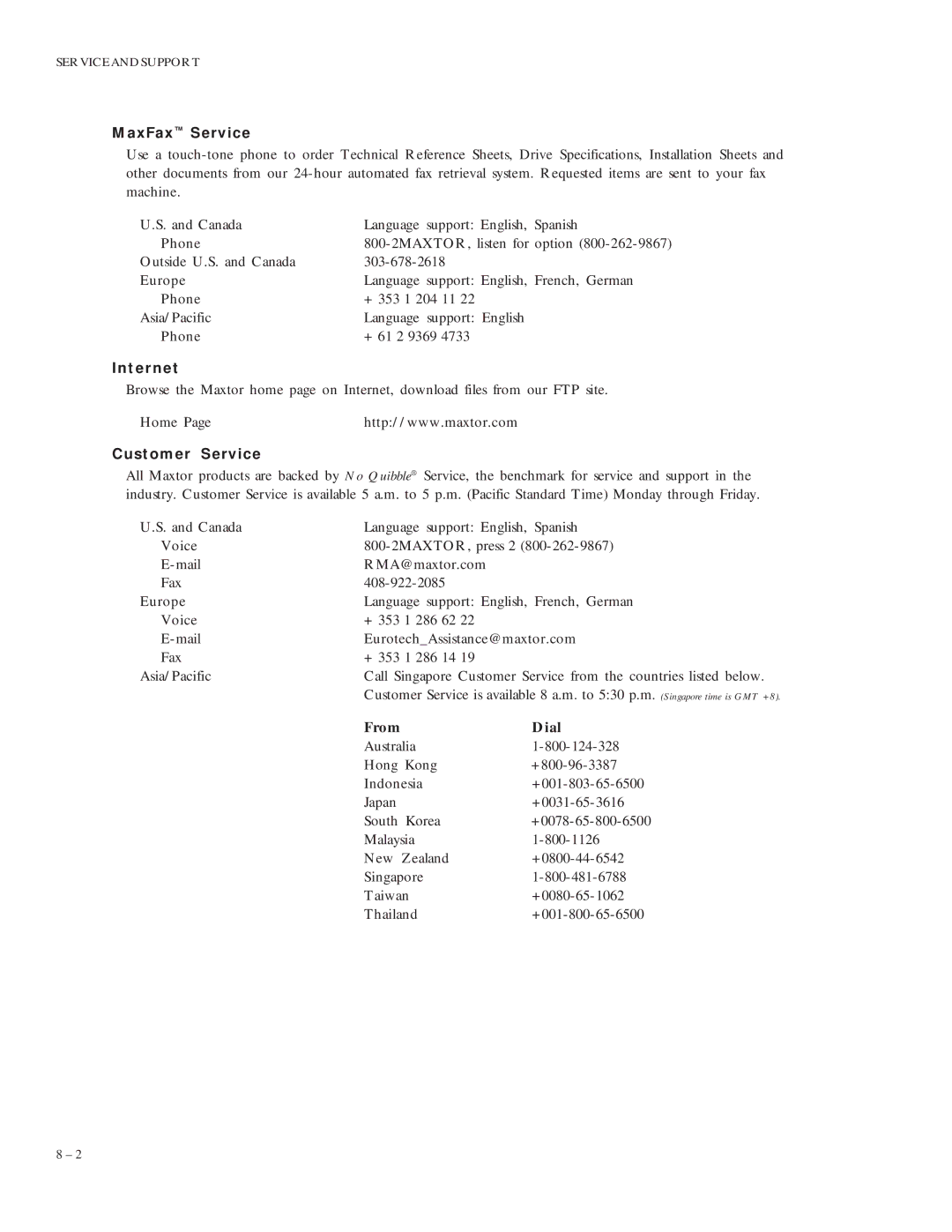 Maxtor VL 17 manual MaxFax Service, Internet, Customer Service 