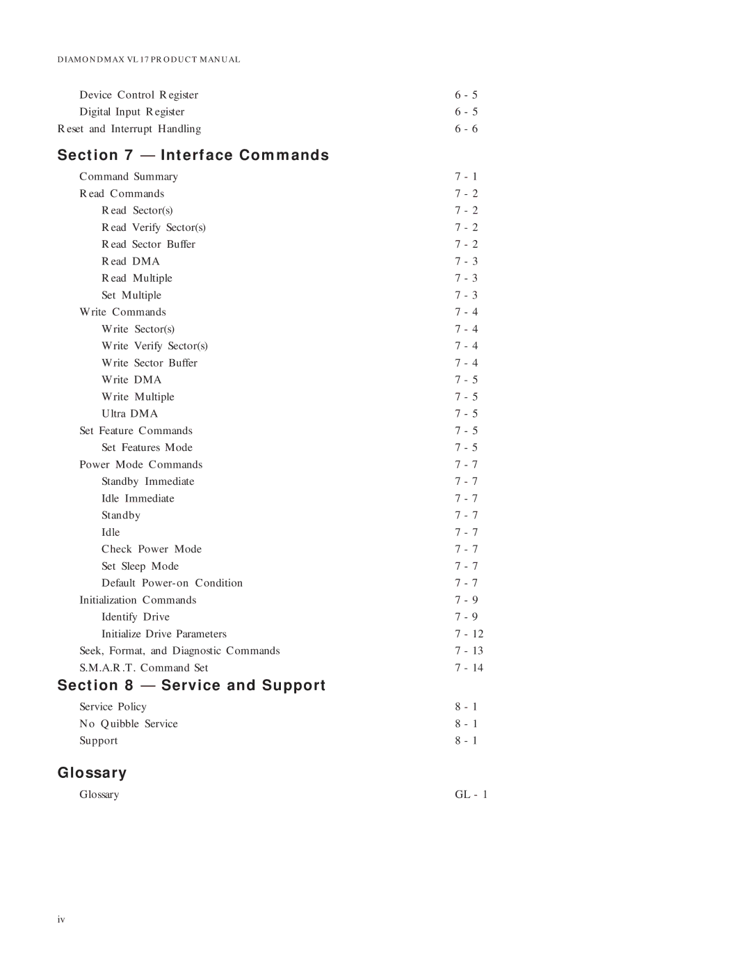 Maxtor VL 17 manual Interface Commands, Service and Support, Glossary 