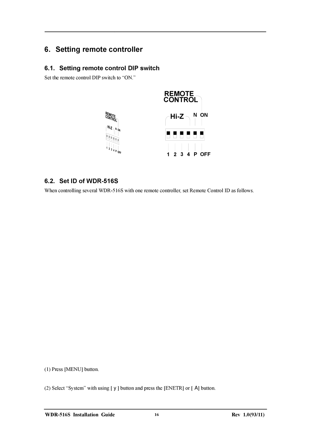 Maxtor manual Setting remote controller, Setting remote control DIP switch, Set ID of WDR-516S 