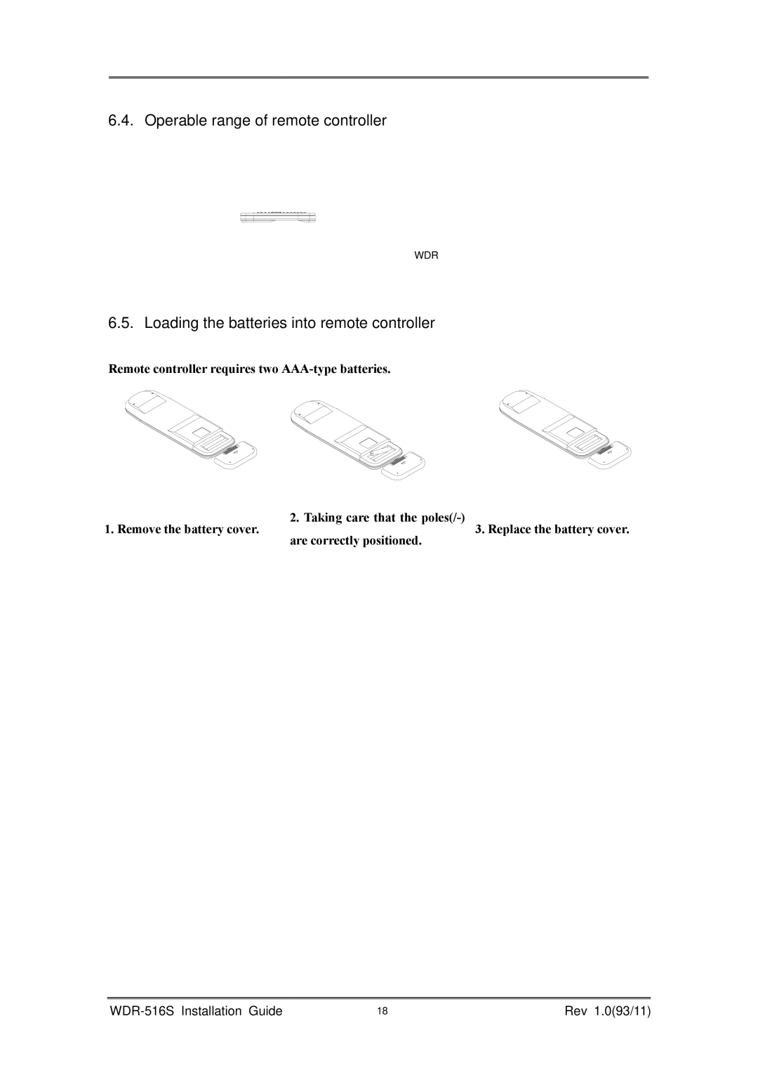 Maxtor WDR-516S manual Operable range of remote controller, Loading the batteries into remote controller 